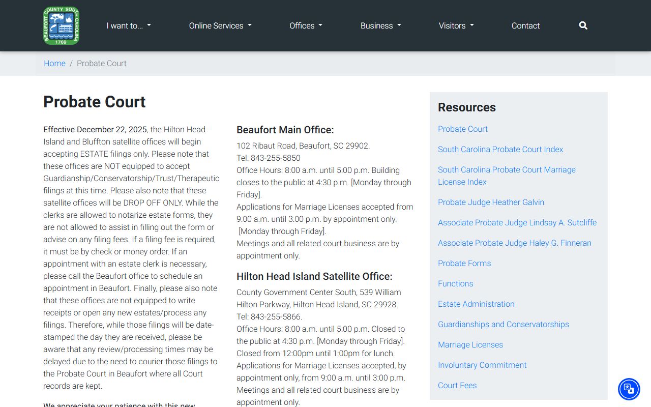 Beaufort County Probate Court website showing Bluffton satellite office information for Bluffton probate court records