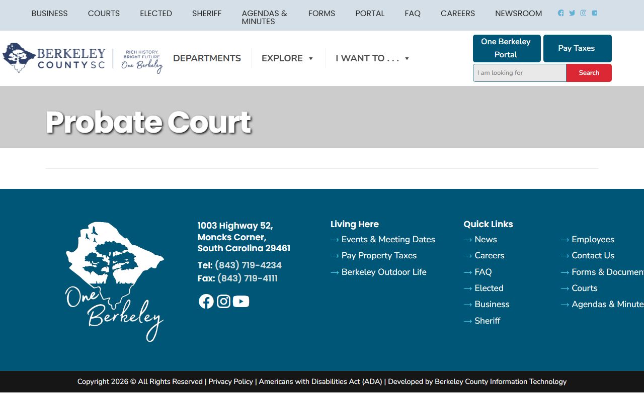 Berkeley County Probate Court official page for Goose Creek probate records