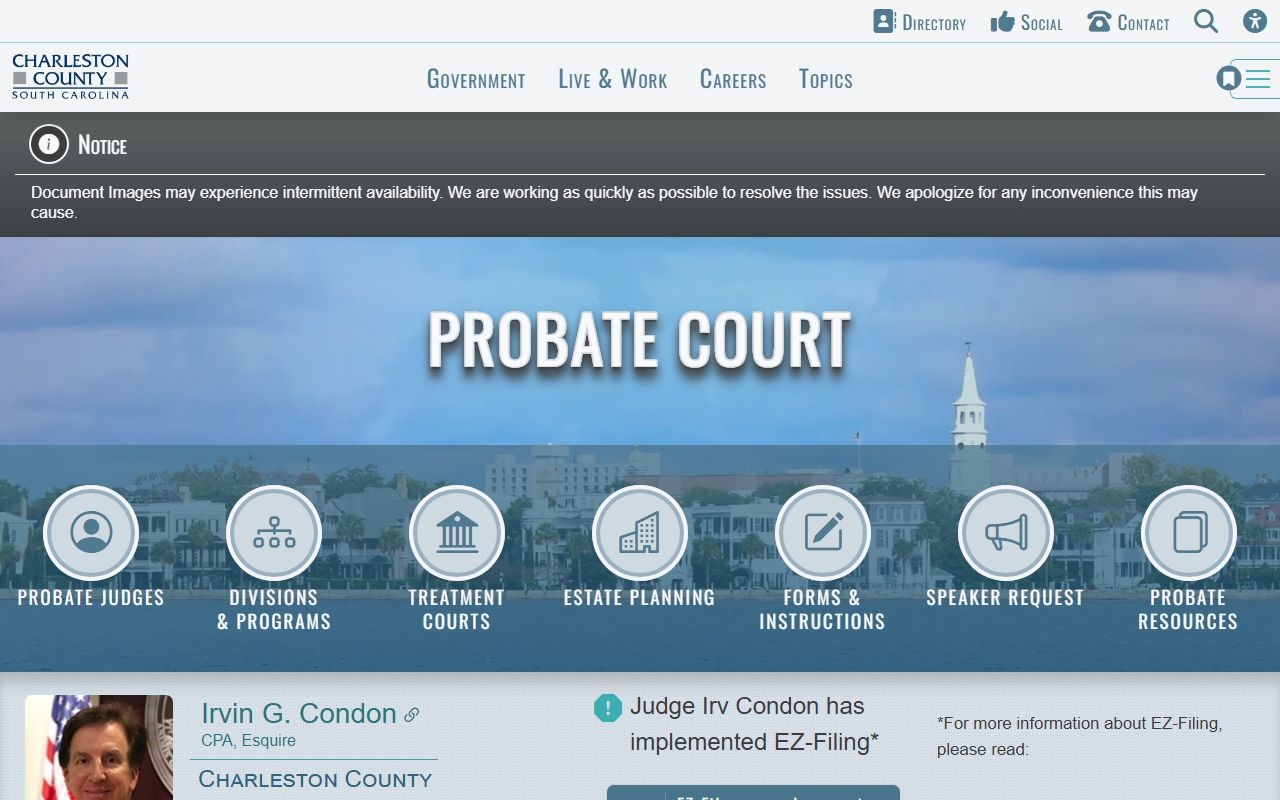 Charleston County Probate Court official department website page for Mount Pleasant residents filing or searching probate court records