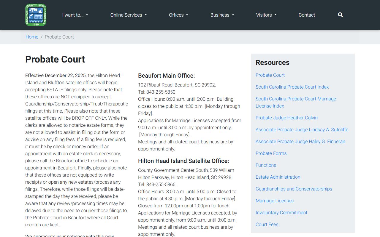 Beaufort County Probate Court main office at 102 Ribaut Road Beaufort South Carolina