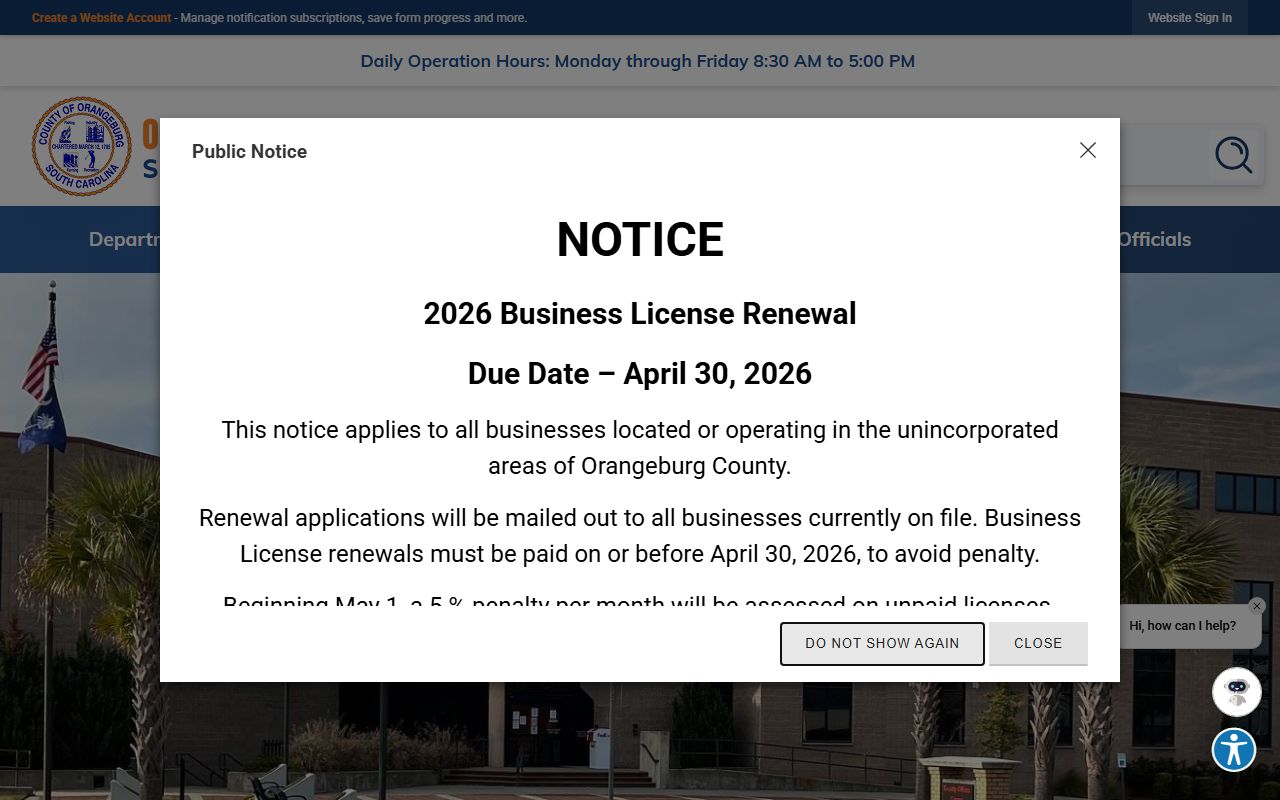 Orangeburg County official website with information about Orangeburg County probate court records and court services
